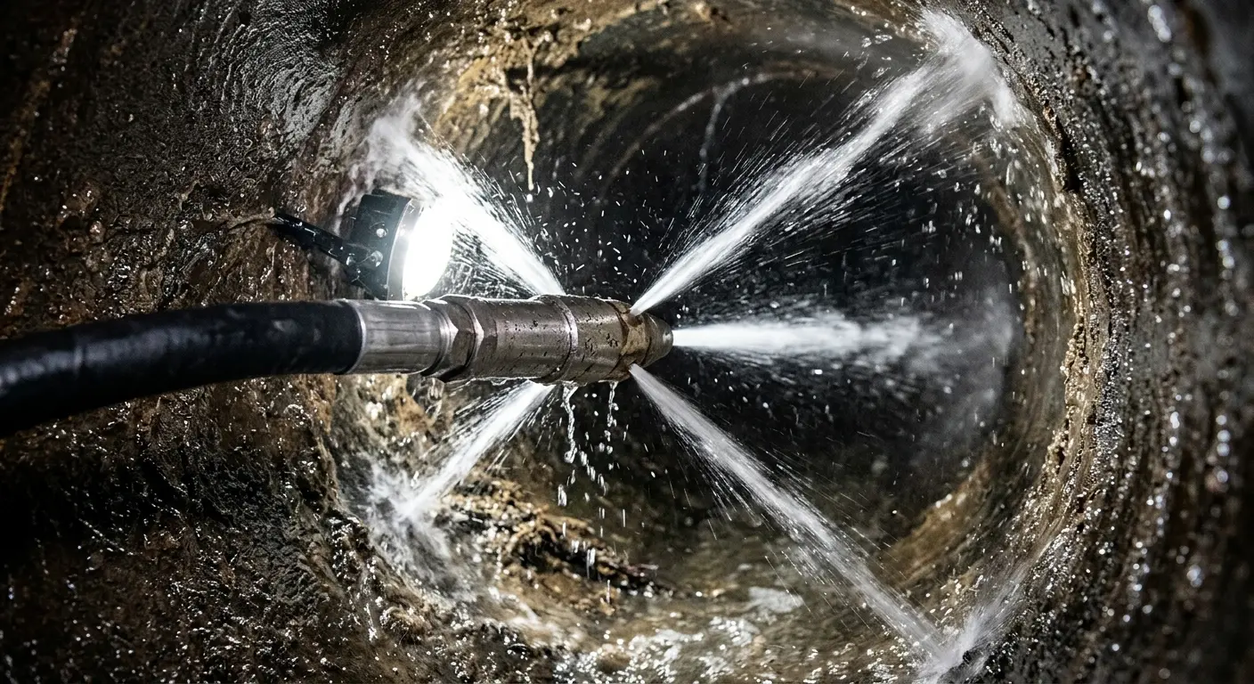 High-pressure hydro jetting nozzle cleaning sewer pipe for Trenchless Sewer Repair in Wentzville