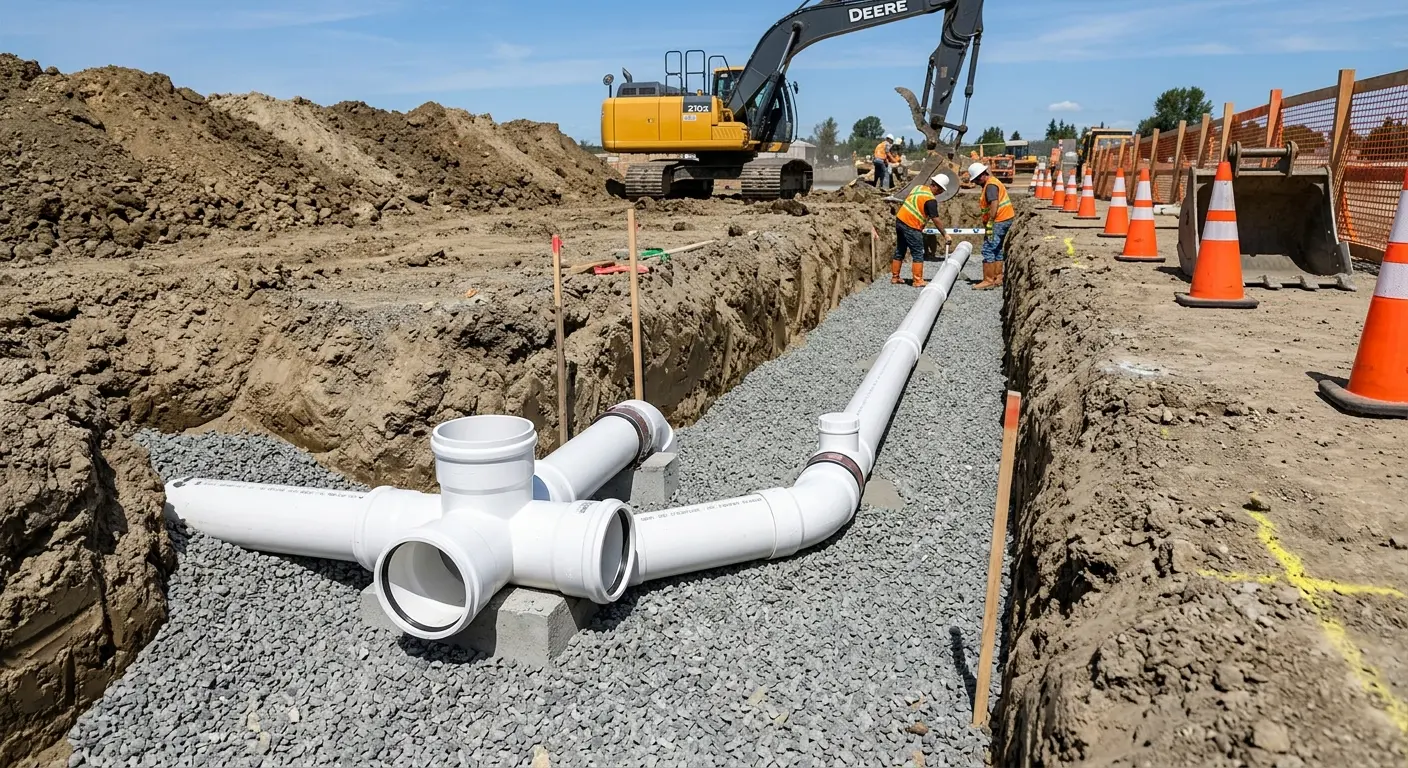 New PVC sewer pipe installation in open trench for Sewer Backup in Wentzville