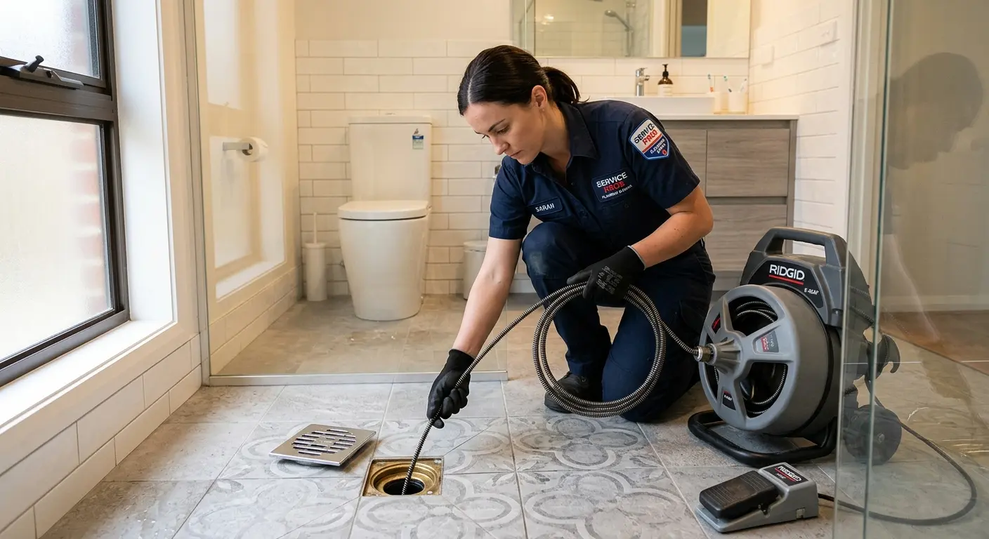Technician clearing a bathroom floor drain for Sewer Line Replacement in Wentzville